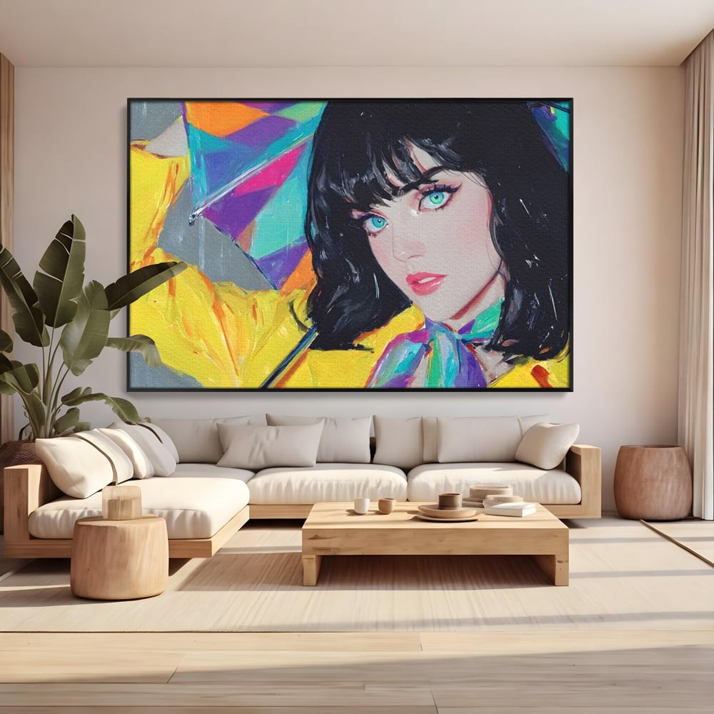 Tablou canvas cu pictura cu femeie bruneta si umbrela colorata, in rama de aluminiu negru, pe perete intr-un living